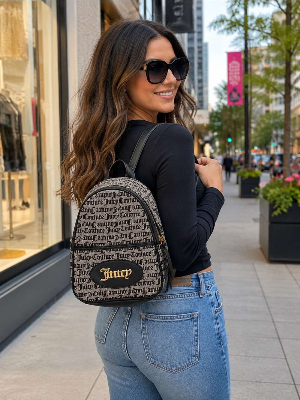 🌸 Juicy Couture Black and Beige Logo Mini Backpack